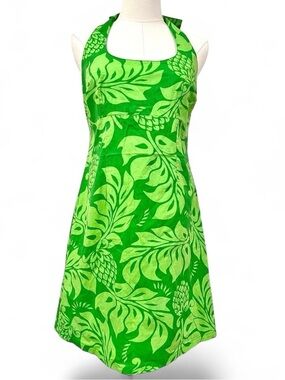 Roxy Y2K Hawaiian Halter Dress Green‎ Tropical Print Made in USA Surf Sz L